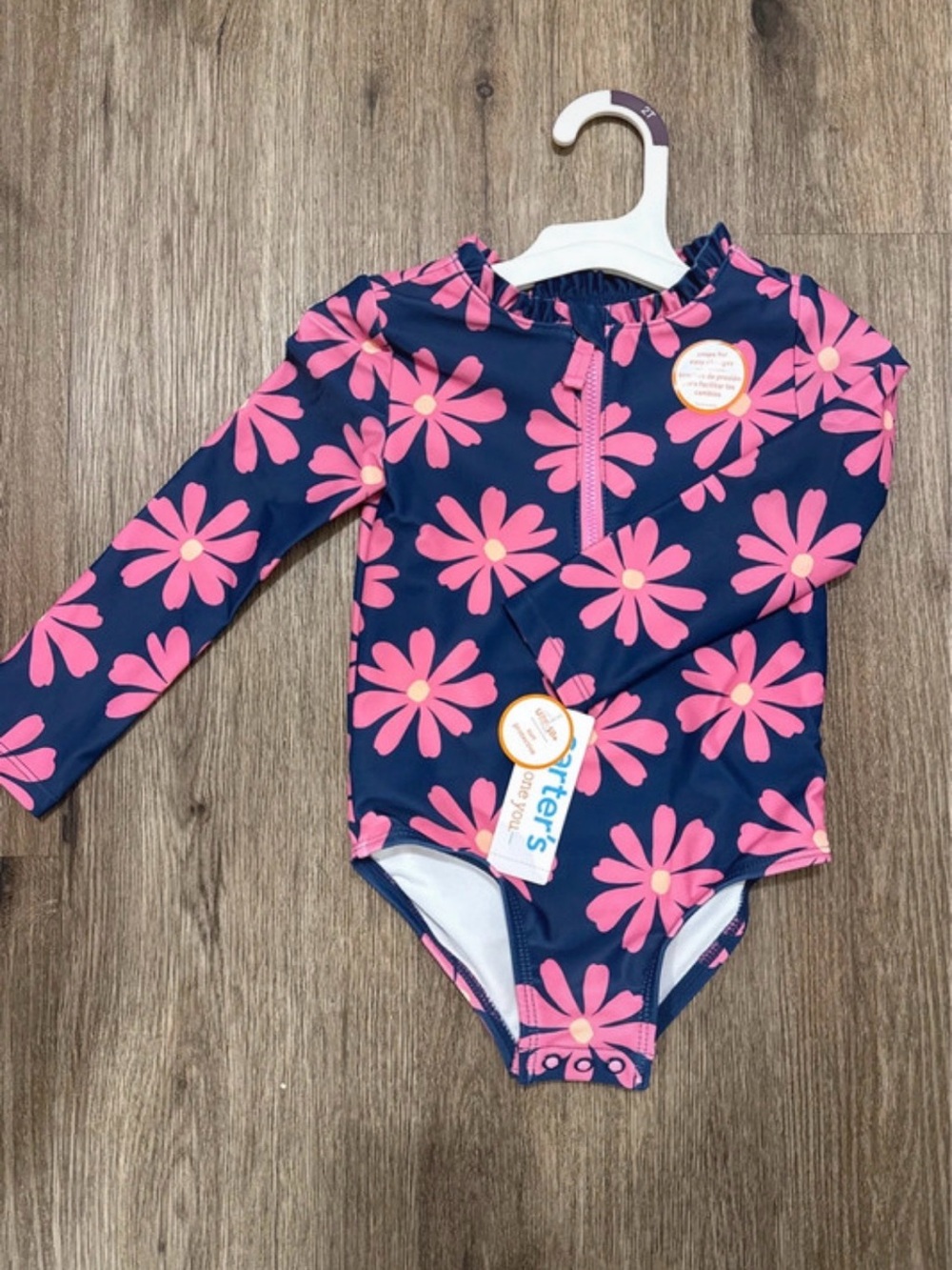 Carter's Navy One-Piece Rash Guard with Pink Daisy Print